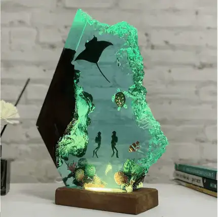 Underwater Diver and Manta Ray Resin Night Light