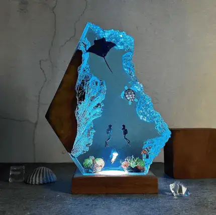 Underwater Diver and Manta Ray Resin Night Light
